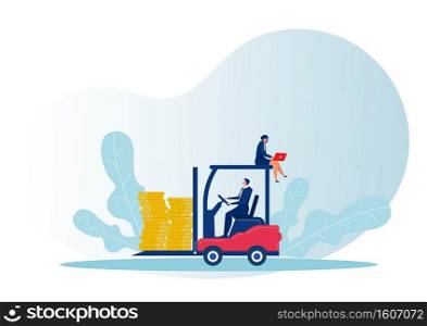 businessman driving forklift truck loading coin delivery frome business rich concept illustration