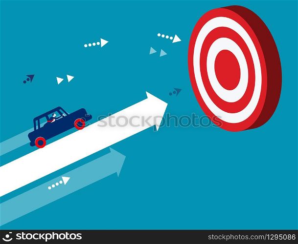 Businessman driving reach goal. Concept business vector illustration. Flat business cartoon, Driving, Car, Target.