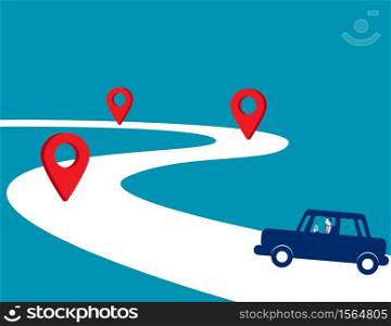 Businessman driving the way forward. Concept business vector, Car, Checkpoint, Road.