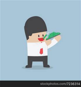 Businessman eating dollars, Corruption and greed concept, VECTOR, EPS10
