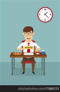 Businessman eating fast food dinner with hamburger, pizza, french fries and soft drink at the table in the office cafeteria, for business lunch or dinner design. Cartoon flat style . Businessman eating fast food in office cafeteria