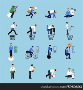 Businessman energy set with different level of battery charge isolated vector illustration. Businessman Energy Set