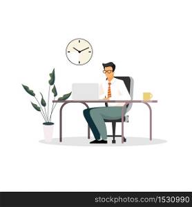 Businessman, entrepreneur, ceo, banker, financer, consultant working in office flat vector illustration. Manager, office worker, boss at workplace isolated cartoon character on white background. Businessman, entrepreneur, ceo, banker, financer, consultant working in office flat vector illustration