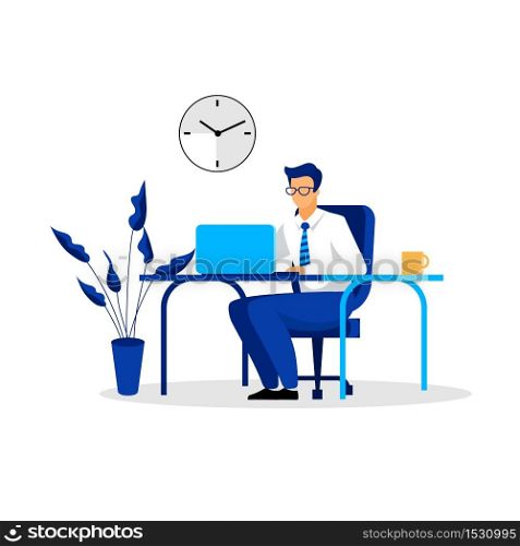 Businessman, entrepreneur, ceo, banker, financer, consultant working in office flat vector illustration. Manager, office worker, boss at workplace isolated cartoon character on white background. Businessman, entrepreneur, ceo, banker, financer, consultant working in office flat vector illustration