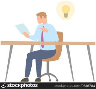 Businessman entrepreneur in suit sitting with sheet of paper at office desk. Man gets creative idea at workplace. Male character works in management, entrepreneurship. Person with new startup solution. Man gets creative idea, new startup plan at workplace. Businessman entrepreneur working in office