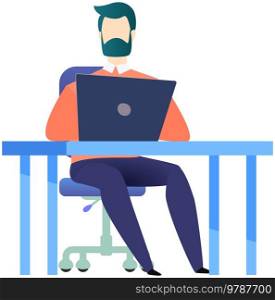 Businessman entrepreneur in suit working at his office desk. Bearded man sitting with laptop surfing internet. Manager uses computer, modern technology for work. Clerk, office worker at workplace. Businessman entrepreneur in suit working at office desk. Bearded man with laptop surfing internet