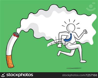 Businessman escaping from cigarette and smoke vector illustration. Black outlines and colored, green background.