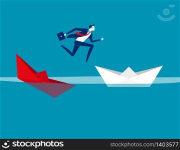 Businessman escaping sunken paper boat ship. Concept business vector illustration, Flat character design, Cartoon business style.