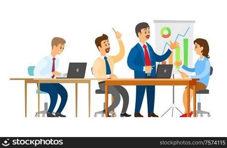 Businessman explaining business plan to workers vector. People sitting at conference listening to chief executive, technological development of company. Boss with Workers Seminar, Presentation Whiteboard