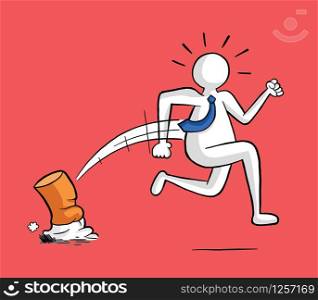 Businessman extinguishes smoking and running away vector illustration. Black outlines and colored, red background.