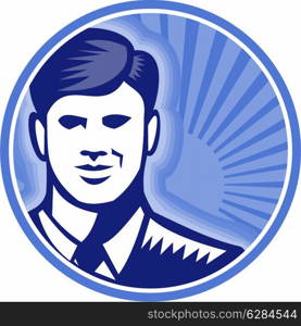 Businessman Face Front Smiling Woodcut