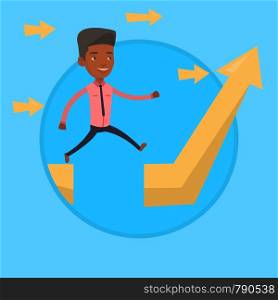 Businessman facing with business obstacle. Businessman coping with business obstacle successfully. Business obstacle concept. Vector flat design illustration in the circle isolated on background.. Businessman jumping over gap on arrow going up.