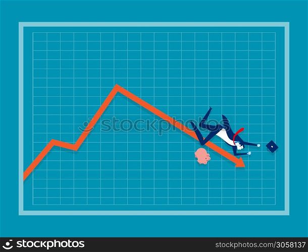 Businessman falling down a red arrow on a chart. Concept business vector illustration, Risk, Problem.