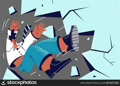 Businessman falling from cliff experience business failure or loss. Unhappy unsuccessful male employee crash from mountain fail in risky project. Vector illustration.. Businessman falling from cliff