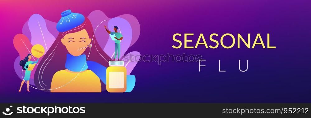 Businessman feeling bad with depressive symptoms, tiny people. Seasonal affective disorder, mood disorder, depression symptoms treatment concept. Header or footer banner template with copy space.. Seasonal affective disorder concept banner header.