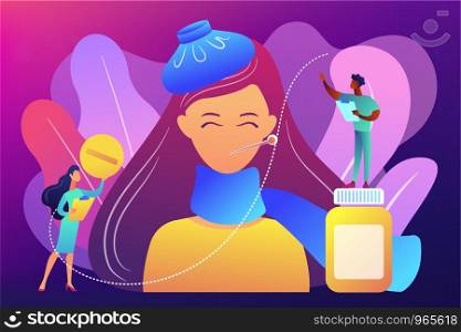Businessman feeling bad with depressive symptoms, tiny people. Seasonal affective disorder, mood disorder, depression symptoms treatment concept. Bright vibrant violet vector isolated illustration. Seasonal affective disorder concept vector illustration.
