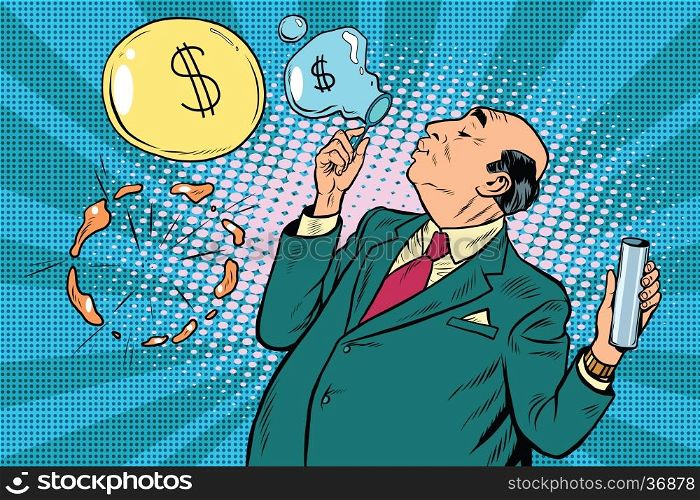 Businessman financier money inflates bubbles, pop art retro vector illustration