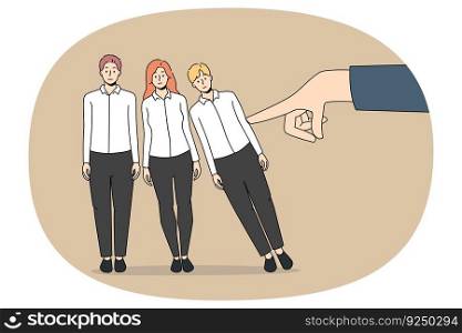 Businessman finger touch employees figures make them fall. Concept of domino effect at workplace. Strong male work leader push colleagues or rivals out. Vector illustration, cartoon character.. Businessman push employee figures in domino