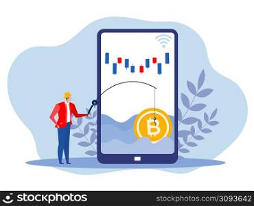 Businessman fishing bitcoin on laptop strategy finance cocept Vector illustration in flat cartoon style.