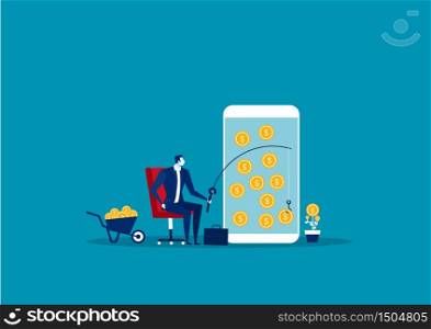 businessman fishing money on smartphone concept catch cash vector illustrator