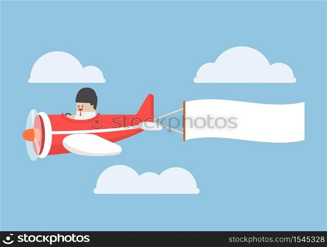 Businessman flying by the airplane pulling a blank advertising banner