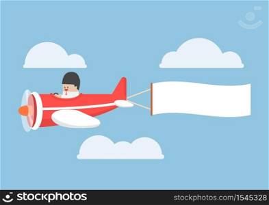 Businessman flying by the airplane pulling a blank advertising banner