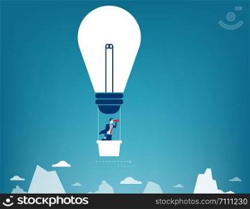 Businessman flying in the sky on hot air balloon. Looking over mountain peaks. Concept business illustration. Vector flat