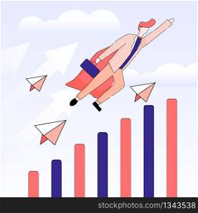Businessman Flying Like Superhero with Briefcase. Start Up Launch, Venture and Entrepreneurship Concept on Cloudy Sky Background with Paper Airplanes and Graph. Linear Cartoon Flat Vector Illustration. Businessman Flying Like Superhero with Briefcase.