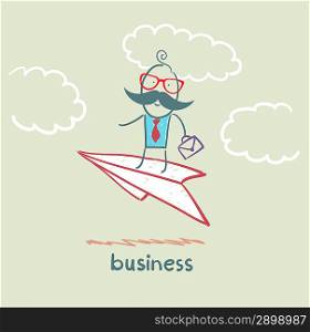 businessman flying on a paper airplane