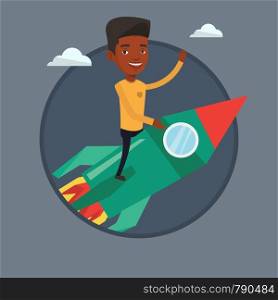 Businessman flying on business start up rocket and waving his hand. Concept of business start up and moving to business success. Vector flat design illustration in the circle isolated on background.. Business start up vector illustration.