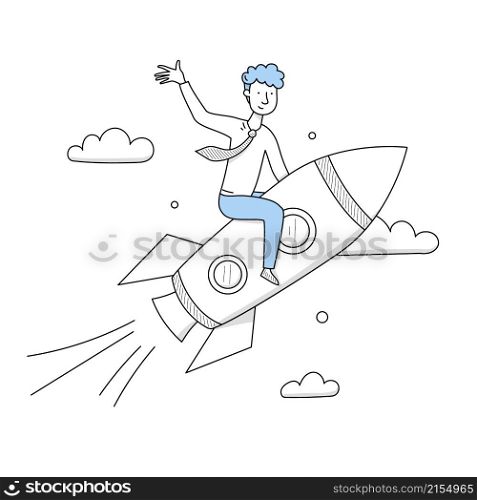 Businessman flying on rocket up to sky. Business concept of startup, goal achievement, ambition task, trend, successful career boost, progress and leadership, Line art doodle vector illustration. Businessman flying on rocket in sky, career boost