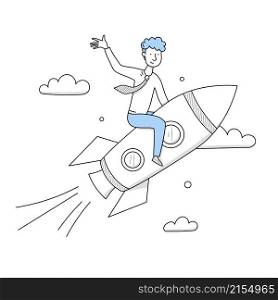 Businessman flying on rocket up to sky. Business concept of startup, goal achievement, ambition task, trend, successful career boost, progress and leadership, Line art doodle vector illustration. Businessman flying on rocket in sky, career boost