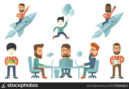 Businessman flying on the business start up rocket. Businessman waving on business start up rocket. Business start up concept. Set of vector flat design illustrations isolated on white background.. Vector set of illustrations with business people.