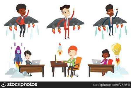 Businessman flying on the business start up rocket. Caucasian businessman flying with a jet backpack. Business start up concept. Set of vector flat design illustrations isolated on white background.. Vector set of business characters.