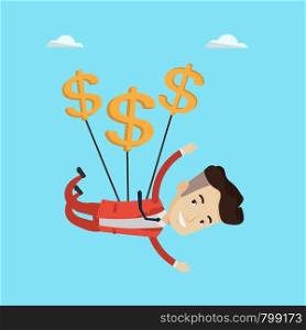 Businessman flying with dollar signs. Happy businessman gliding in the sky with dollars. Businessman using money as parachute. Business success concept. Vector flat design illustration. Square layout.. Businessman flying with dollar signs.