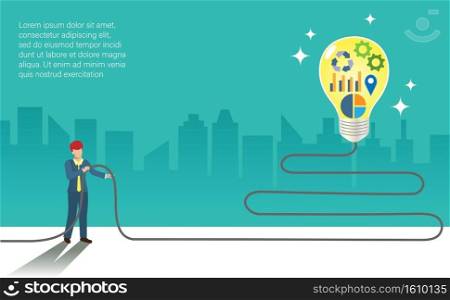 Businessman following electric cable leading to creative thinking ideas in lightbulb. Inspiration, innovation and target direction of successful business strategy.