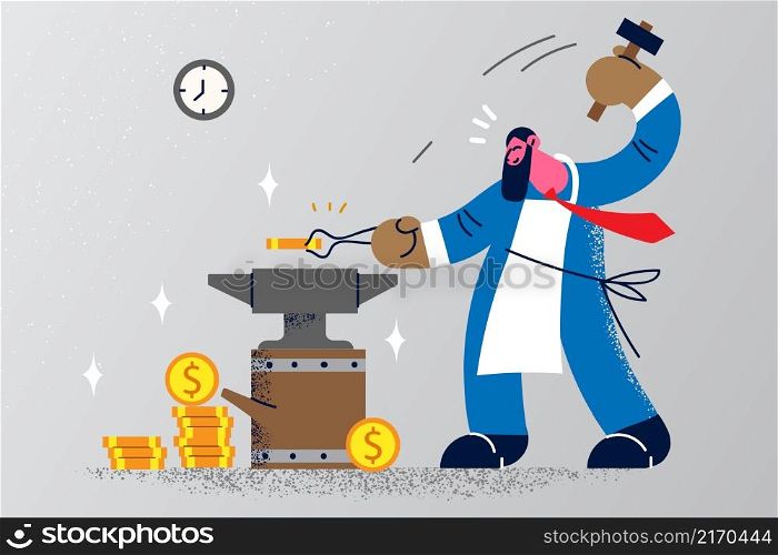 Businessman forge money on classic old anvil. Motivated male employee or entrepreneur make coins. Profit and income. Successful entrepreneurship. Flat vector illustration. . Businessman make money on anvil