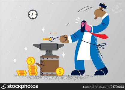 Businessman forge money on classic old anvil. Motivated male employee or entrepreneur make coins. Profit and income. Successful entrepreneurship. Flat vector illustration. . Businessman make money on anvil
