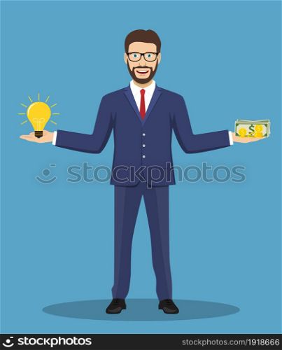 Businessman found his balance with idea and money. Concept of business balance. Vector illustration in flat style. Businessman found his balance with idea and money