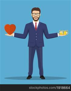 Businessman found his balance with love and money. Business concept. Vector illustration in flat style. Businessman found his balance with love and money