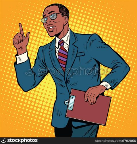 Businessman gesture of the teacher, pop art retro illustration. African American people