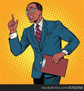 Businessman gesture of the teacher, pop art retro illustration. African American people