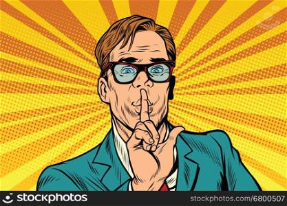 Businessman gesture Shh silence, pop art retro vector illustration