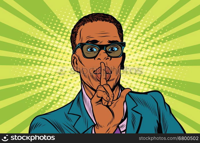 Businessman gesture Shh silence, pop art retro vector illustration. African American people