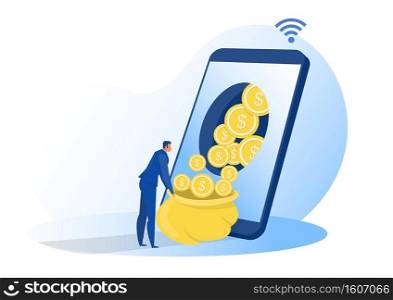 businessman get profit online from smartphone ,screen sitting on money and coins. Finance success, money wealth concept vector illustration