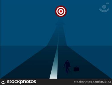 Businessman get ready on starting to goal. Businessman in starting position ready to sprint run. Rear view. Vector illustration