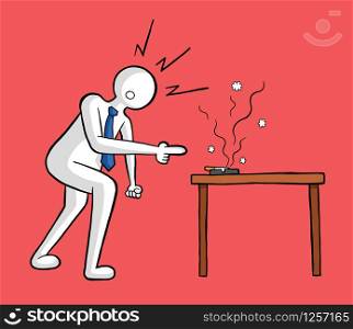Businessman gets angry at the cigarette in the ashtray on the table vector illustration. Black outlines and colored, red background.