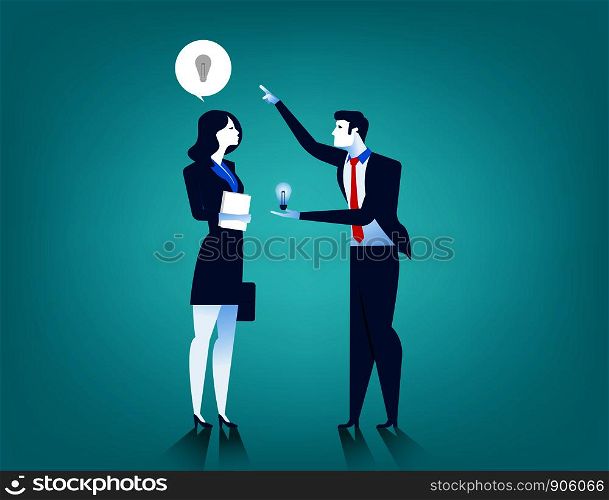 Businessman give women new idea bulb. Concept business illustration. Vector flat