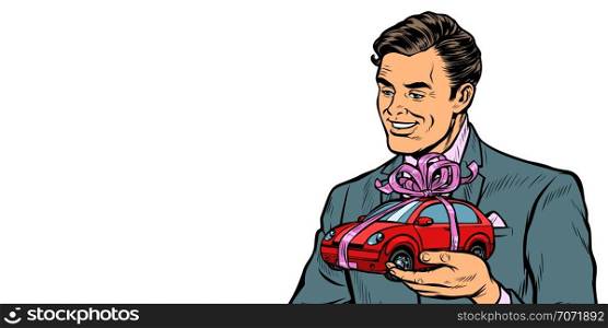 Businessman gives a gift, selling cars. Isolate on white background. Pop art retro vector illustration drawing kitsch vintage. Businessman gives a gift, selling cars. Isolate on white background