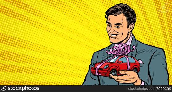 Businessman gives a gift, selling cars. Pop art retro vector illustration drawing kitsch vintage. Businessman gives a gift, selling cars